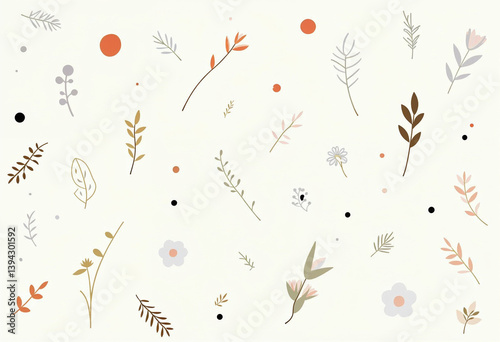 Dense abstract background filled with plant line illustrations in solid colors. Flat, vector-style pattern with no gradients or soft effects.