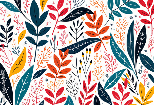 Dense abstract background filled with plant line illustrations in solid colors. Flat, vector-style pattern with no gradients or soft effects.