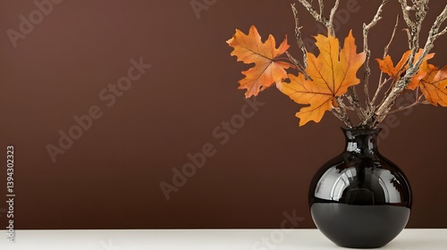 Autumn Leaves in Black Vase Minimalist Still Life Photography