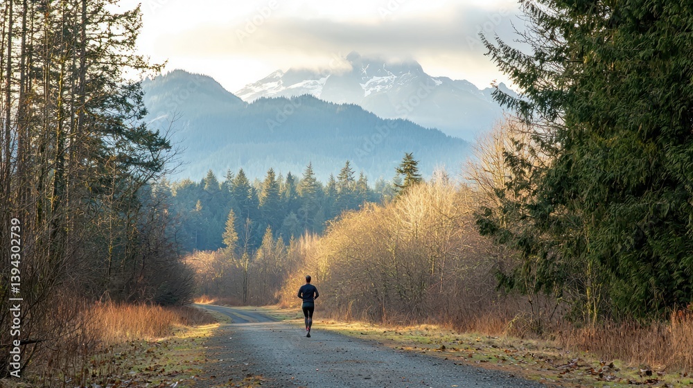 A person running on a scenic trail, with trees and mountains in the background. A person running on a scenic trail, with trees and mountains in the background.