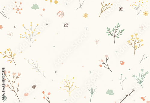 Dense abstract background filled with plant line illustrations in solid colors. Flat, vector-style pattern with no gradients or soft effects.