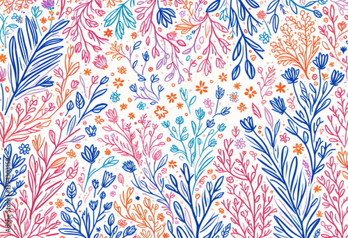 Dense abstract background filled with plant line illustrations in solid colors. Flat, vector-style pattern with no gradients or soft effects.