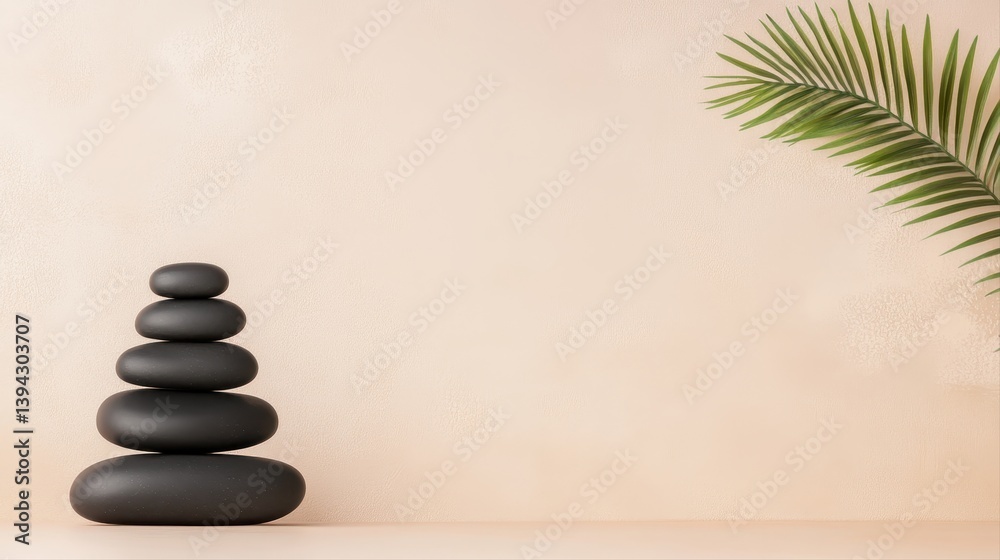 A Serene Composition of Smooth Black Stones Cascading Gracefully Against a Minimalist Beige Background Accompanied by Lush Palm Frond for Wellness Journey A Serene Composition of Smooth Black Stones Cascading Gracefully Against a Minimalist Beige Background Accompanied by Lush Palm Frond for Wellness Journey