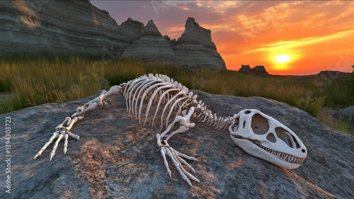 Dinosaur Skeleton at Sunset in Scenic Landscape