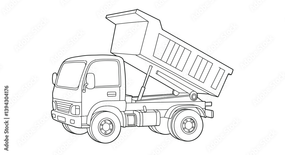 Obraz premium Cute Chibi Dump Truck Coloring Page with Raised Bed - Simple Construction Vehicle Outline