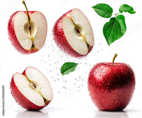 Fresh red apples with water droplets, whole and sliced, floating with green leaves against a white background. The vibrant colors and splashing water create a refreshing and healthy food concept.