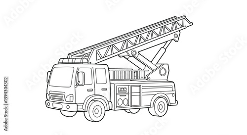 Brave Chibi Fire Truck Coloring Page with Extending Ladder - Simple Emergency Vehicle Outline