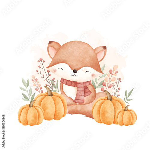 Watercolor Illustration Cute Fox in Autumn Season with Pumpkins and Leaves