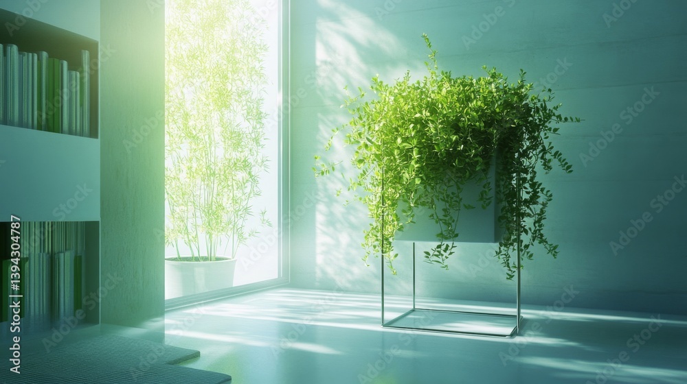 Obraz premium Modern Minimalist Interior with Green Plant in Sunlight