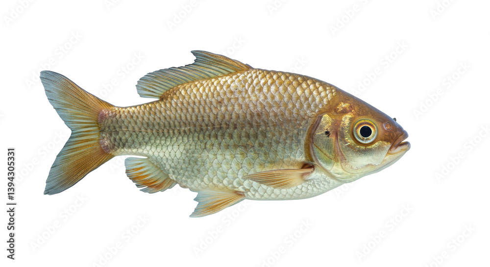 Isolated Freshwater Goldfish with Detailed Scales Swimming in Clear Water Isolated Freshwater Goldfish with Detailed Scales Swimming in Clear Water