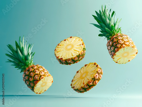Floating pineapples and sliced pieces suspended in mid-air against a soft teal background, creating a surreal and modern food concept.