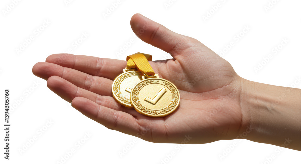 Isolated Hand Holding Two Gold Medals Symbolizing Success Isolated Hand Holding Two Gold Medals Symbolizing Success
