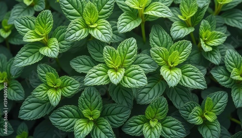 A stunning close-up of fresh mint leaves showcases their rich green hues and intricate textures, forming a lush, vibrant tapestry. This image captures the essence of natures beauty, evoking feelings