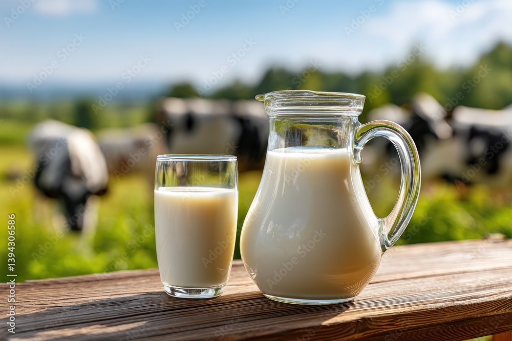 Fresh milk in jug and glass on farm with cows Fresh milk in jug and glass on farm with cows