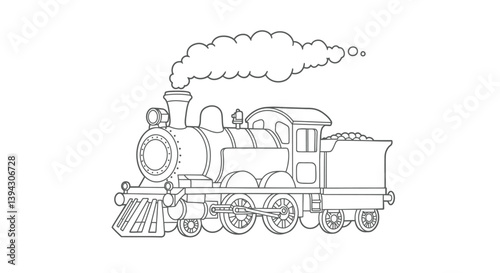 Classic Chibi Steam Train Engine Coloring Page with Smoke Puffs - Simple Locomotive Outline