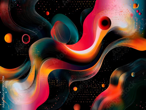 Abstract cosmic digital artwork featuring fluid, colorful waves and glowing orbs against a dark background, evoking a futuristic and space-inspired aesthetic. 