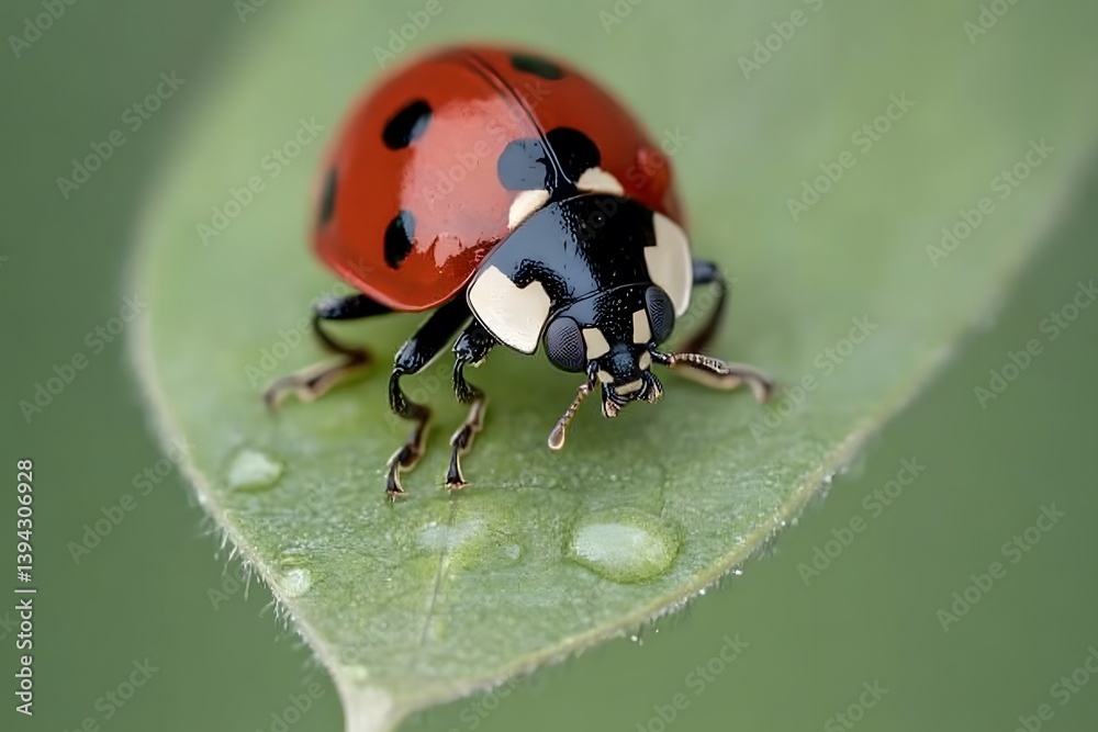 Fototapeta premium Macro Photography of Ladybug on Dewy Leaf