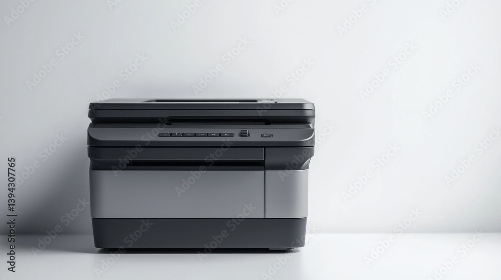 Modern multifunction printer placed on a minimalistic desk against a light wall in a contemporary office setting Modern multifunction printer placed on a minimalistic desk against a light wall in a contemporary office setting
