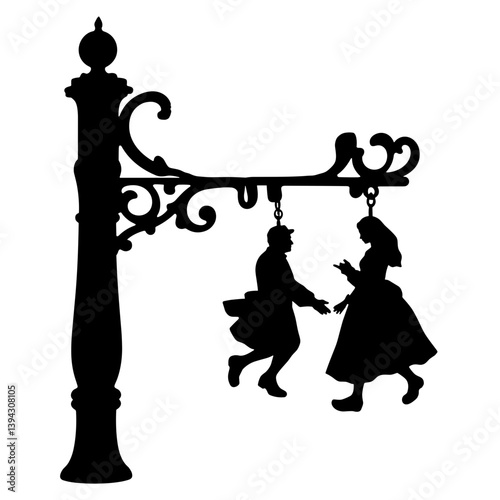 Silhouettes of a couple dancing happily under a street lamp  