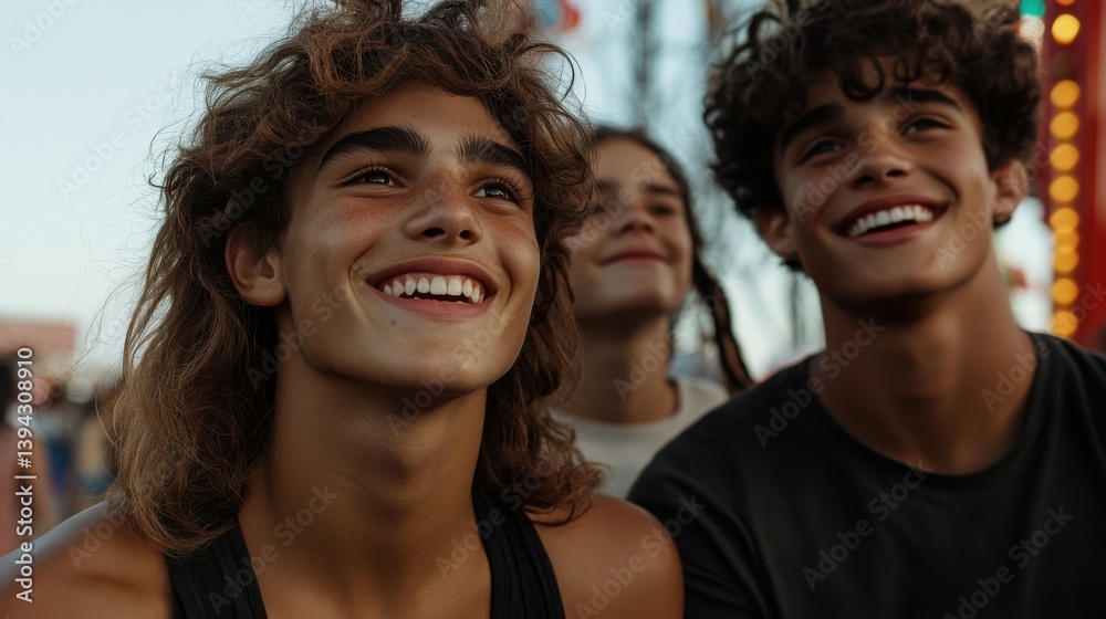 Fototapeta premium A group of teenagers enjoying a day at the amusement park, laughing and shouting.