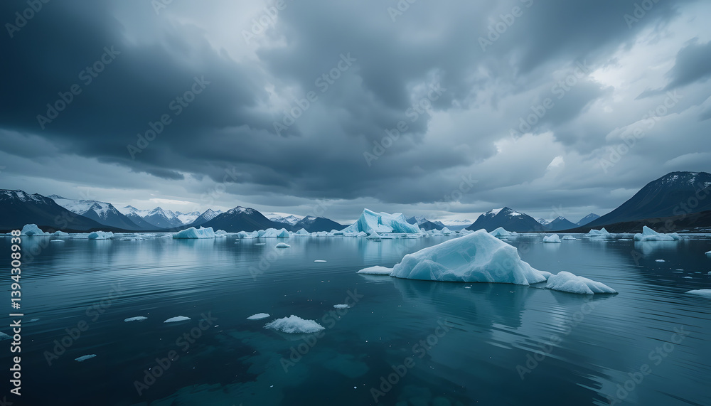 Fototapeta premium Icebergs in Calm Water Under Dramatic Sky