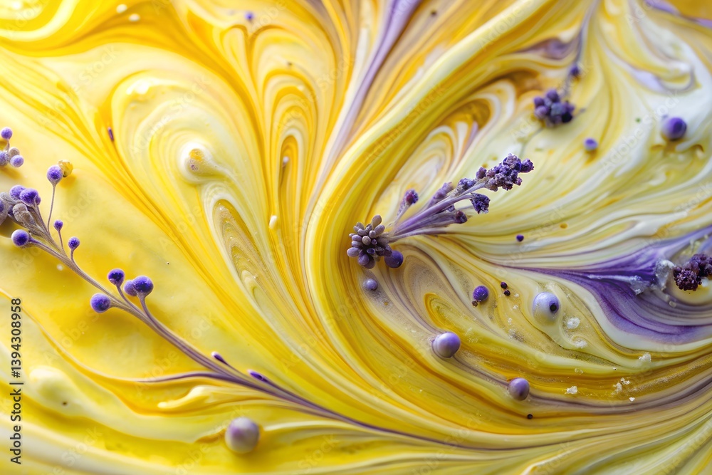 Buttercream Yellow and Lavender Acrylic Pour Art with High-Gloss Finish – Macro Fluid Details