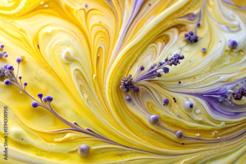 Obraz na płótnie Buttercream Yellow and Lavender Acrylic Pour Art with High-Gloss Finish – Macro Fluid Details w salonie
