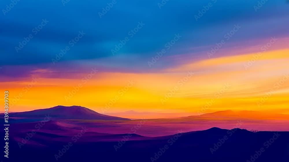 Vibrant sunset over expansive mountain range with colorful sky and distant hills in serene landscape Vibrant sunset over expansive mountain range with colorful sky and distant hills in serene landscape