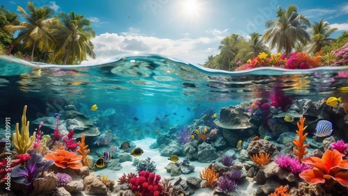 A vibrant composition of tropical leaves in shades of yellow, orange, and red, set against a soft, blurred blue background