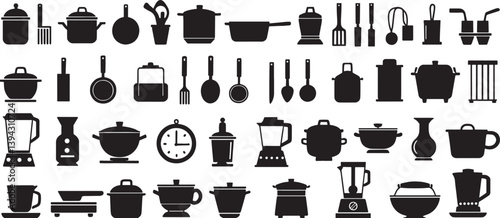 Colorful kitchen utensil icons set featuring knives, pots, and cups in bold flat style for culinary, design, and cooking apps.