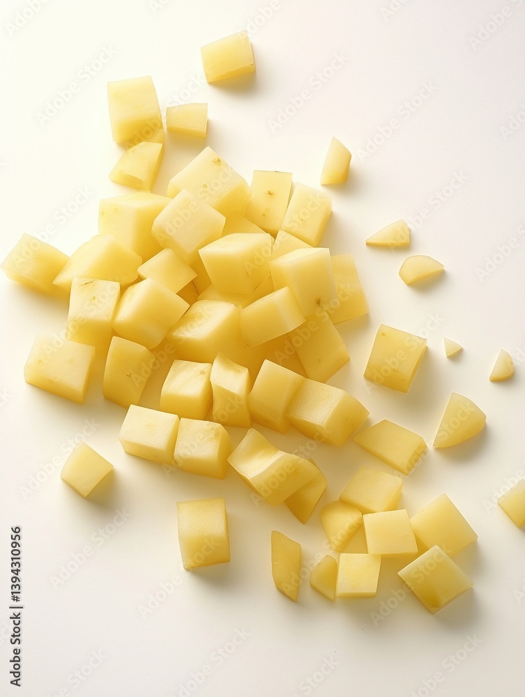 Raw diced potatoes scattered on white Raw diced potatoes scattered on white