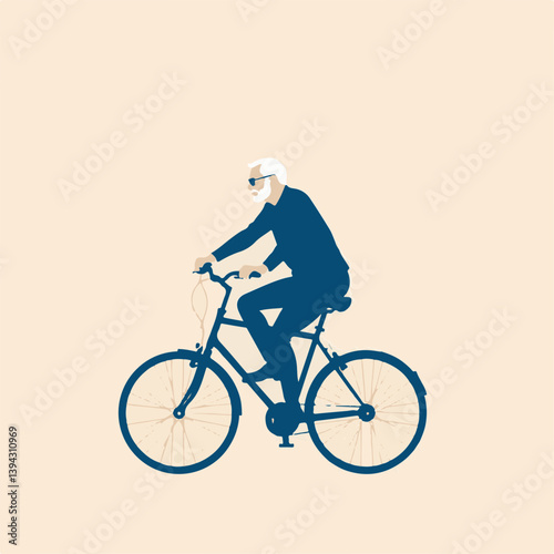 Elderly man with white hair riding bicycle. Symbolizes active aging, senior fitness, independence, and healthy lifestyle. Flat vector illustration. 