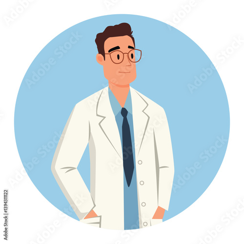 Cute man doctor in white coat. Flat vector illustration on blue background.