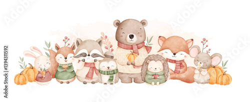 Watercolor Illustration Cute Woodland Animals in Autumn Season with Pumpkins and Leaves