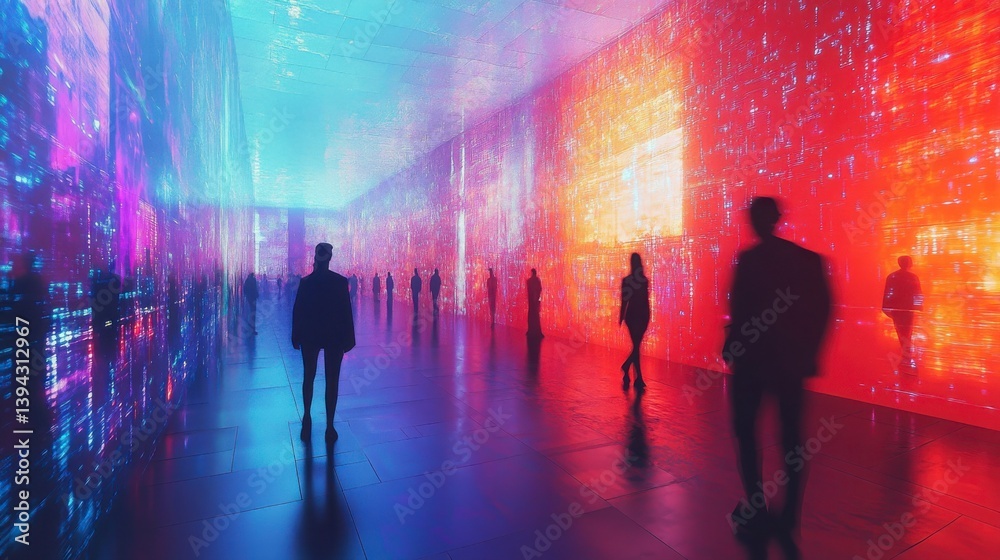 A group of people walk through a brightly lit room with neon colors. Scene is energetic and lively, as the people seem to be enjoying themselves in the colorful environment A group of people walk through a brightly lit room with neon colors. Scene is energetic and lively, as the people seem to be enjoying themselves in the colorful environment