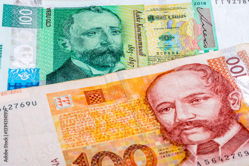 Fototapeta Naklejka Na Ścianę i Meble -  100 Bulgarian lev and 100 Croatian kuna banknotes. International trade concept. 