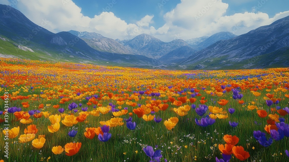 Fototapeta premium Vibrant Wildflower Meadow in Mountain Valley