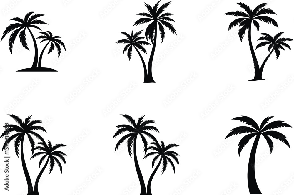 Fototapeta premium Black Silhouette Tropical Palm Trees Isolated On White Background Tropical Vector Illustration