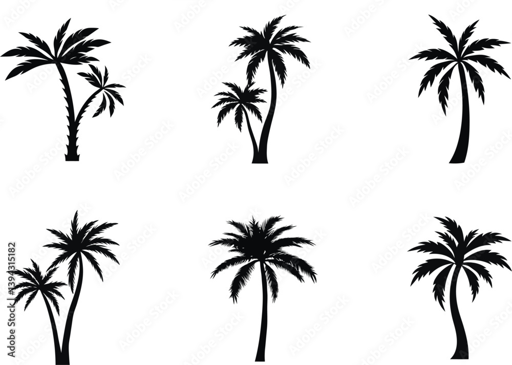 Fototapeta premium Black Silhouette Palm Trees Isolated On White Background Summer Tropical Vector Set