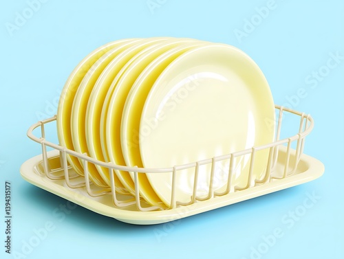 Stacked yellow plates in a dish drainer on a light blue background.  Possible use Stock photography for kitchenware, dishwashing, home decor