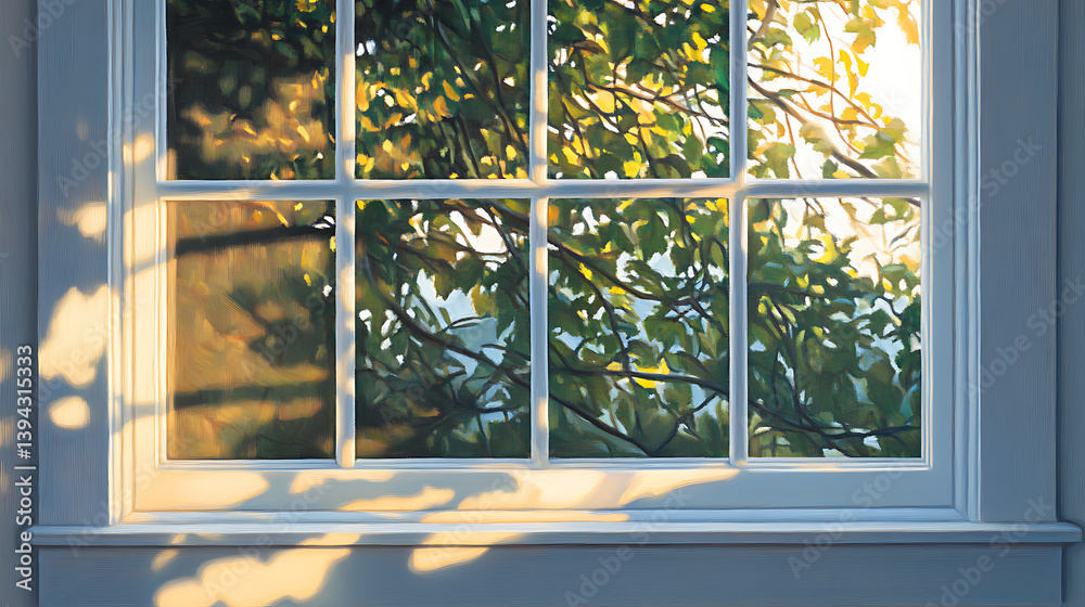 Obraz premium Sunlight streams through window, dappled shadows, leafy tree