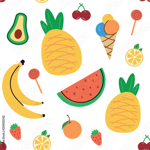 Seamless pattern with summer fruits. banana, lemon, watermelon, avacado, flat children's background with dessert, food. graphics for print, holidays, wallpaper, banner, surface texture, fabric. vector