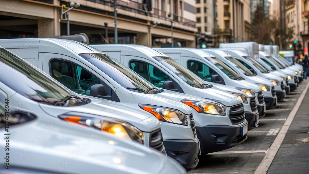 A row of white commercial vans parked in the city. City logistics, delivery and transportation of goods. Vehicle fleet for courier and service business. A row of white commercial vans parked in the city. City logistics, delivery and transportation of goods. Vehicle fleet for courier and service business.