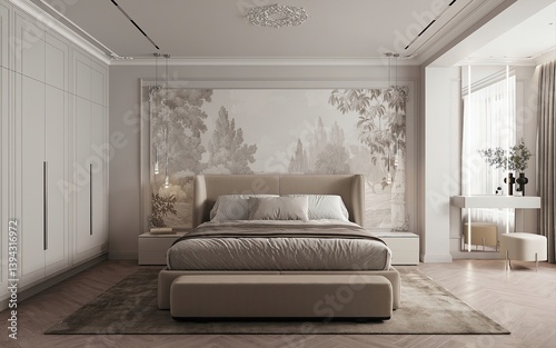 Canvas Print Cozy home bedroom interior with bed, nightstand with decoration and art on the wall Sleep room with panoramic window and warm lighting