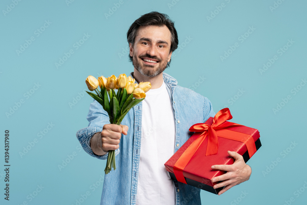 Smiling man giving yellow tulips and red gift box on blue background Smiling man giving yellow tulips and red gift box on blue background