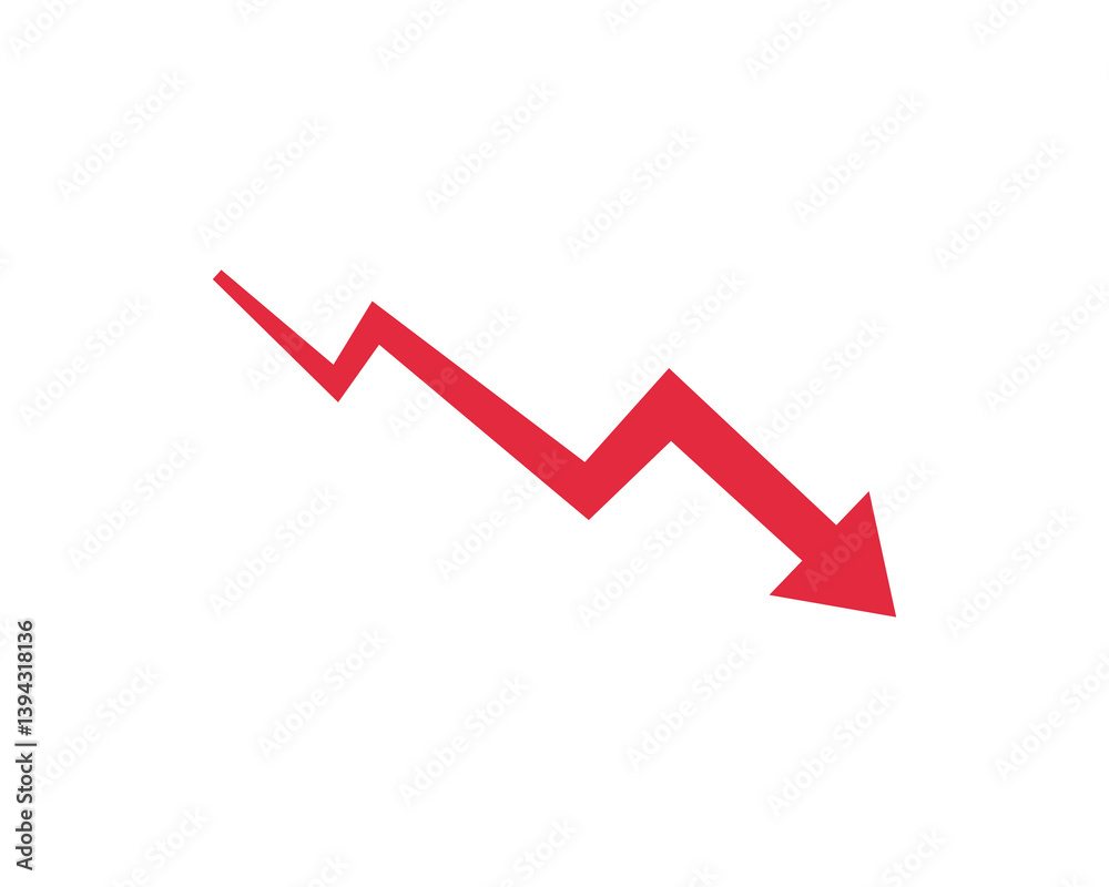 Red arrow going down stock icon. Statistic and data, bankruptcy, financial crisis, money loss, down arrow, economy reduction . Graph chart downtrend symbol. Chart going down sign on white background Red arrow going down stock icon. Statistic and data, bankruptcy, financial crisis, money loss, down arrow, economy reduction . Graph chart downtrend symbol. Chart going down sign on white background