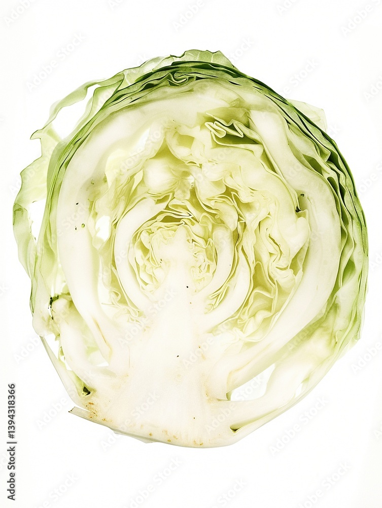 Fototapeta premium Round green cabbage cut in half on white