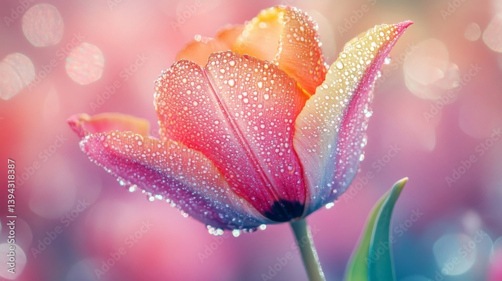 Fototapeta premium Closeup of a Dew-Covered Pink and Orange Tulip