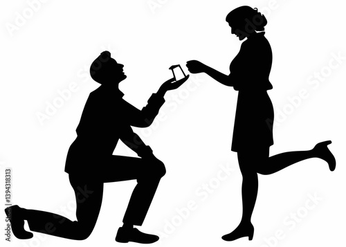 Man kneeling and proposing to a woman vector silhouette.