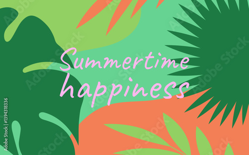 Abstract summer background. Green palm leaves on orange and green background. Vector illustration. Horizontal tropical banner. Bright flyer for sale and discount. Rectangular poster with monstera.